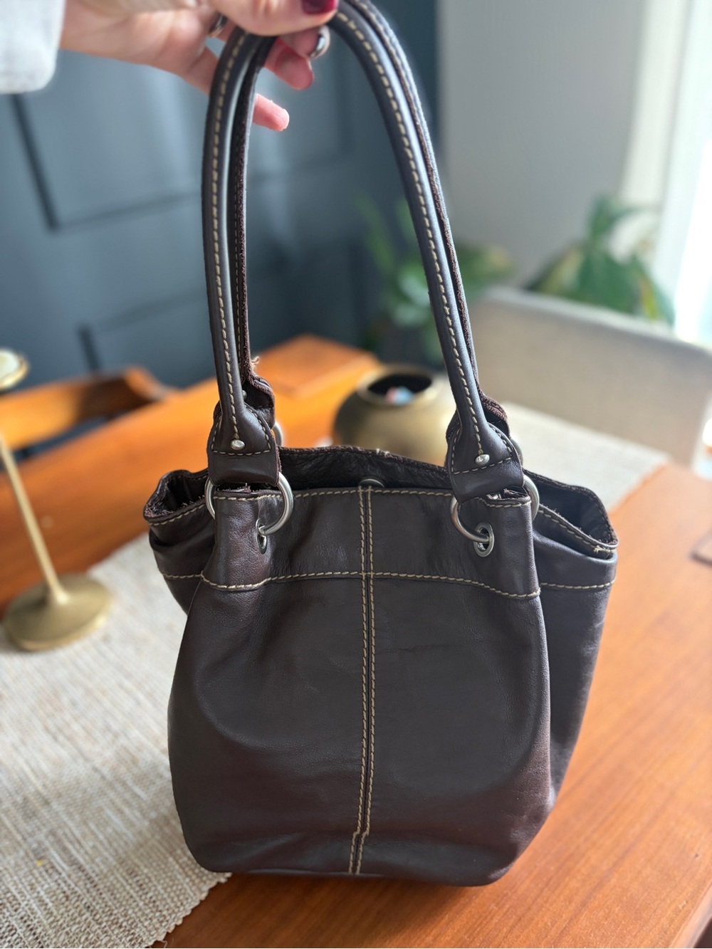 Brown Leather Tote Bag with Contrast Stitching